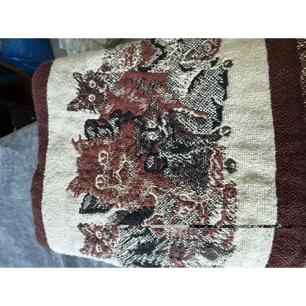 Vintage 90s Tapestry Throw Blanket Playful Cats Persian Cat w/ Fringe 1992